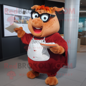 Rust Beef Wellington mascot costume character dressed with a Flare Jeans and Reading glasses