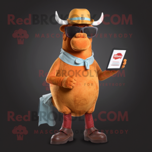 Rust Beef Wellington mascot costume character dressed with a Flare Jeans and Reading glasses