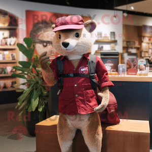 Maroon Mongoose mascot costume character dressed with a Chinos and Handbags