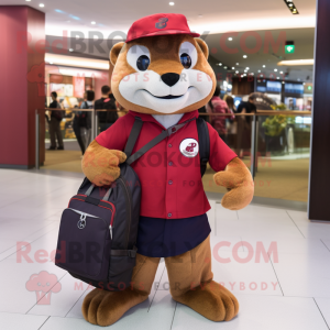 Maroon Mongoose mascot costume character dressed with a Chinos and Handbags