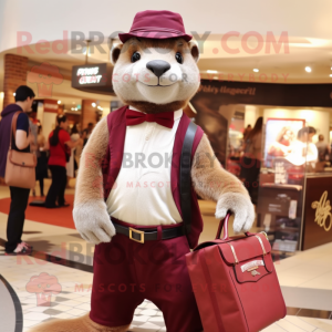Maroon Mongoose mascot costume character dressed with a Chinos and Handbags