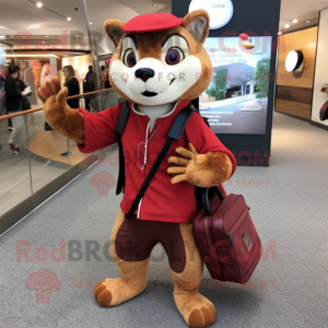 Maroon Mongoose mascot costume character dressed with a Chinos and Handbags