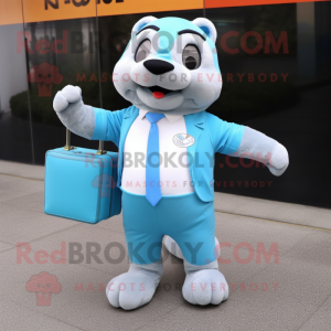 Sky Blue Otter mascot costume character dressed with a Running Shorts and Briefcases