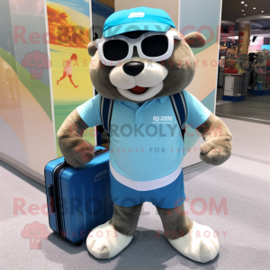Sky Blue Otter mascot costume character dressed with a Running Shorts and Briefcases