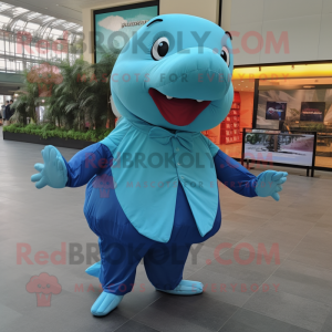 Cyan Humpback Whale mascot costume character dressed with a Poplin Shirt and Foot pads