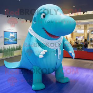 Cyan Humpback Whale mascot costume character dressed with a Poplin Shirt and Foot pads