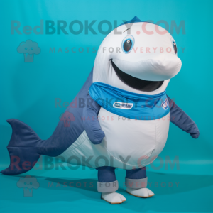 Cyan Humpback Whale mascot costume character dressed with a Poplin Shirt and Foot pads