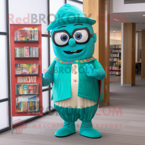 Turquoise Tacos mascot costume character dressed with a Romper and Reading glasses