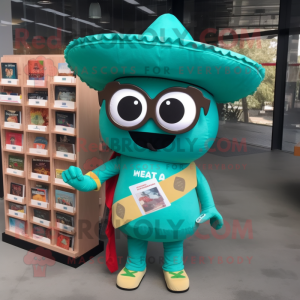 Turquoise Tacos mascot costume character dressed with a Romper and Reading glasses