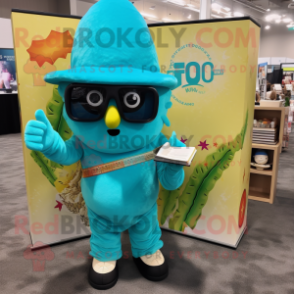 Turquoise Tacos mascot costume character dressed with a Romper and Reading glasses