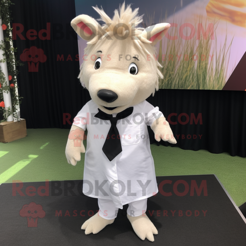 White Wild Boar mascot costume character dressed with a Pleated Skirt and Tie pins