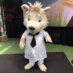 White Wild Boar mascot costume character dressed with a Pleated Skirt and Tie pins