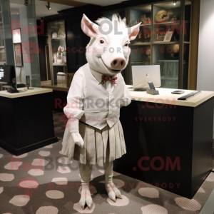 White Wild Boar mascot costume character dressed with a Pleated Skirt and Tie pins