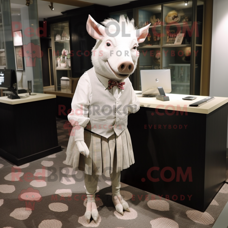 White Wild Boar mascot costume character dressed with a Pleated Skirt and Tie pins White Wild Boar mascot costume character dressed with a Pleated Skirt and Tie pins