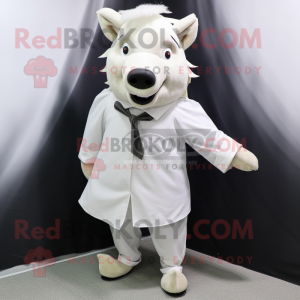White Wild Boar mascot costume character dressed with a Pleated Skirt and Tie pins