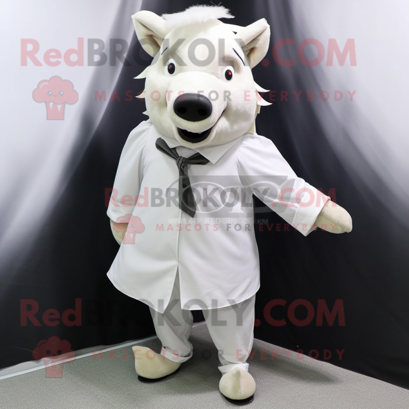 White Wild Boar mascot costume character dressed with a Pleated Skirt and Tie pins White Wild Boar mascot costume character dressed with a Pleated Skirt and Tie pins