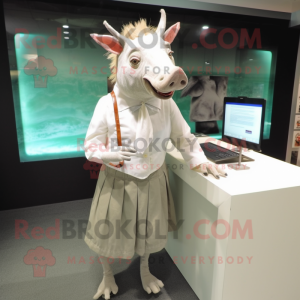 White Wild Boar mascot costume character dressed with a Pleated Skirt and Tie pins