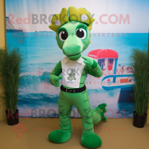 Green Seahorse mascot costume character dressed with a Dress Pants and Headbands