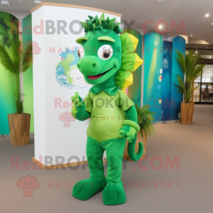 Green Seahorse mascot costume character dressed with a Dress Pants and Headbands