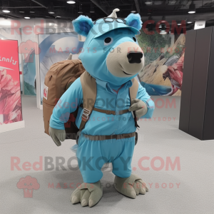 Sky Blue Wild Boar mascot costume character dressed with a Cargo Pants and Messenger bags