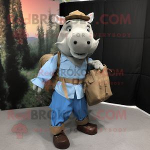 Sky Blue Wild Boar mascot costume character dressed with a Cargo Pants and Messenger bags