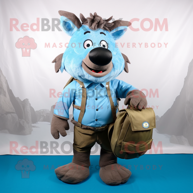 Sky Blue Wild Boar mascot costume character dressed with a Cargo Pants and Messenger bags Sky Blue Wild Boar mascot costume character dressed with a Cargo Pants and Messenger bags