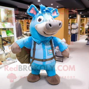 Sky Blue Wild Boar mascot costume character dressed with a Cargo Pants and Messenger bags