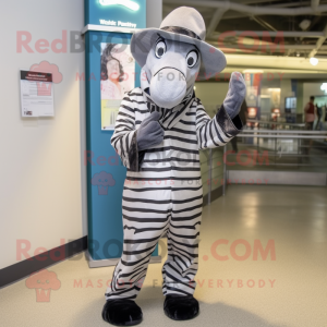 Gray Zebra mascot costume character dressed with a Coat and Hat pins