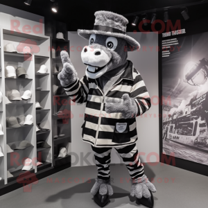 Gray Zebra mascot costume character dressed with a Coat and Hat pins