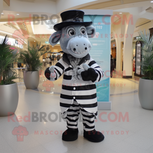 Gray Zebra mascot costume character dressed with a Coat and Hat pins