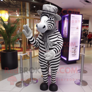 Gray Zebra mascot costume character dressed with a Coat and Hat pins