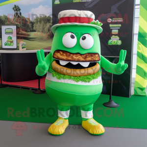Green Burgers mascot costume character dressed with a T-Shirt and Ties