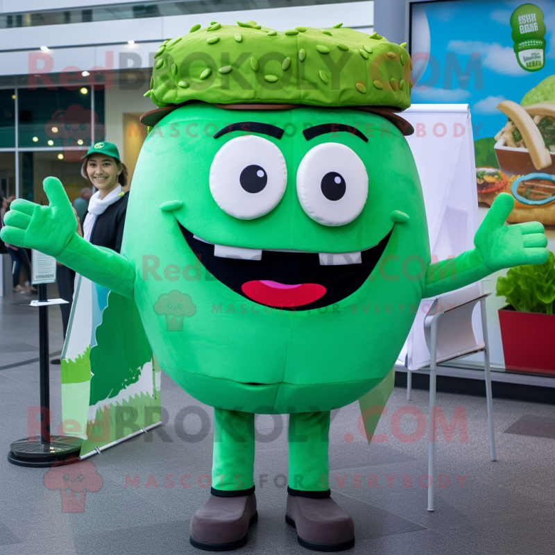 Green Burgers mascot costume character dressed with a T-Shirt and Ties