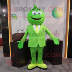 Lime Green Pendant mascot costume character dressed with a Suit Jacket and Wallets
