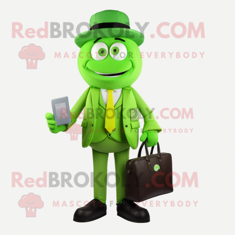 Lime Green Pendant mascot costume character dressed with a Suit Jacket and Wallets Lime Green Pendant mascot costume character dressed with a Suit Jacket and Wallets