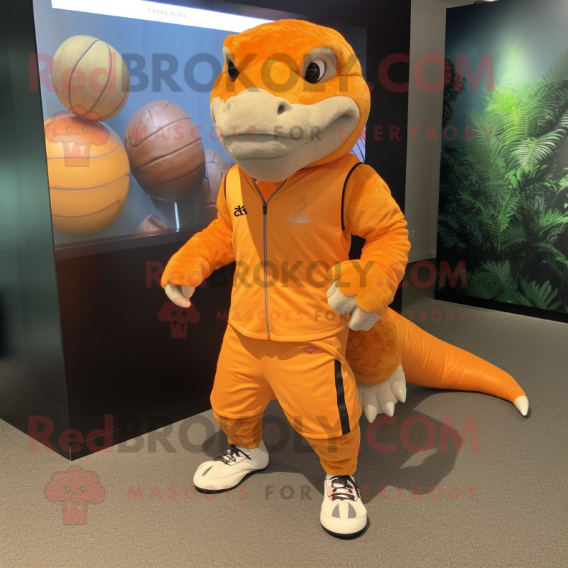 Orange Pangolin mascot costume character dressed with a Dress Shirt and Shoe laces