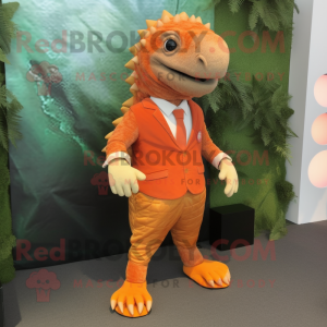 Orange Pangolin mascot costume character dressed with a Dress Shirt and Shoe laces