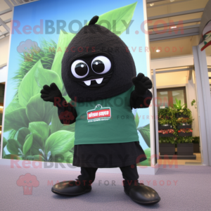 Black Spinach mascot costume character dressed with a Bermuda Shorts and Scarves