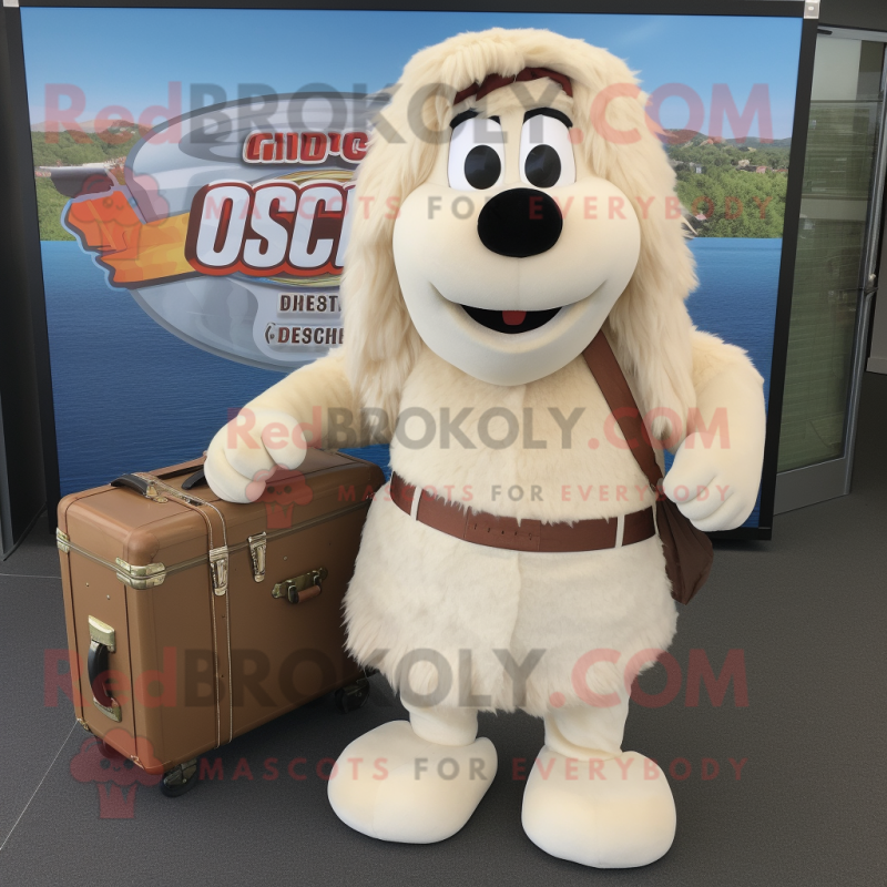 Cream Shepard'S Pie mascot costume character dressed with a Cargo Shorts and Briefcases Cream Shepard'S Pie mascot costume character dressed with a Cargo Shorts and Briefcases