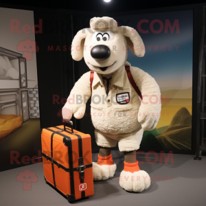 Cream Shepard'S Pie mascot costume character dressed with a Cargo Shorts and Briefcases