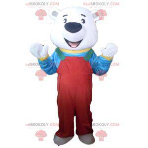 Eisbärenmaskottchen mit rotem Overall und T-Shirt -