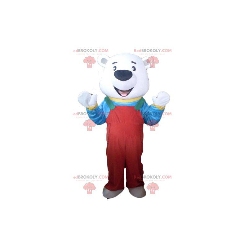 Mascotte ijsbeer met rode overall en een t-shirt -