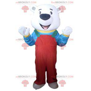 Eisbärenmaskottchen mit rotem Overall und T-Shirt -