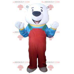 Maskot ledního medvěda s červeným overalem a tričkem -