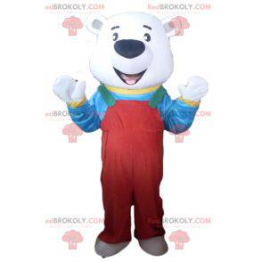 Polar bear mascot with red overalls and a t-shirt -