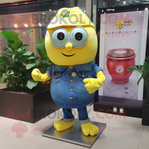 Lemon Yellow Pot Of Gold mascot costume character dressed with a Denim Shirt and Bracelet watches
