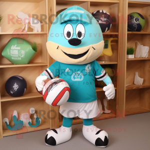 Turquoise Rugby Ball mascot costume character dressed with a Graphic Tee and Cummerbunds