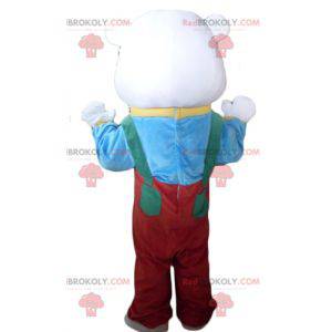 Mascotte ijsbeer met rode overall en een t-shirt -