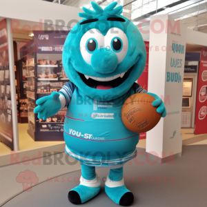 Turquoise Rugby Ball mascot costume character dressed with a Graphic Tee and Cummerbunds