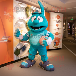 Turquoise Rugby Ball mascot costume character dressed with a Graphic Tee and Cummerbunds